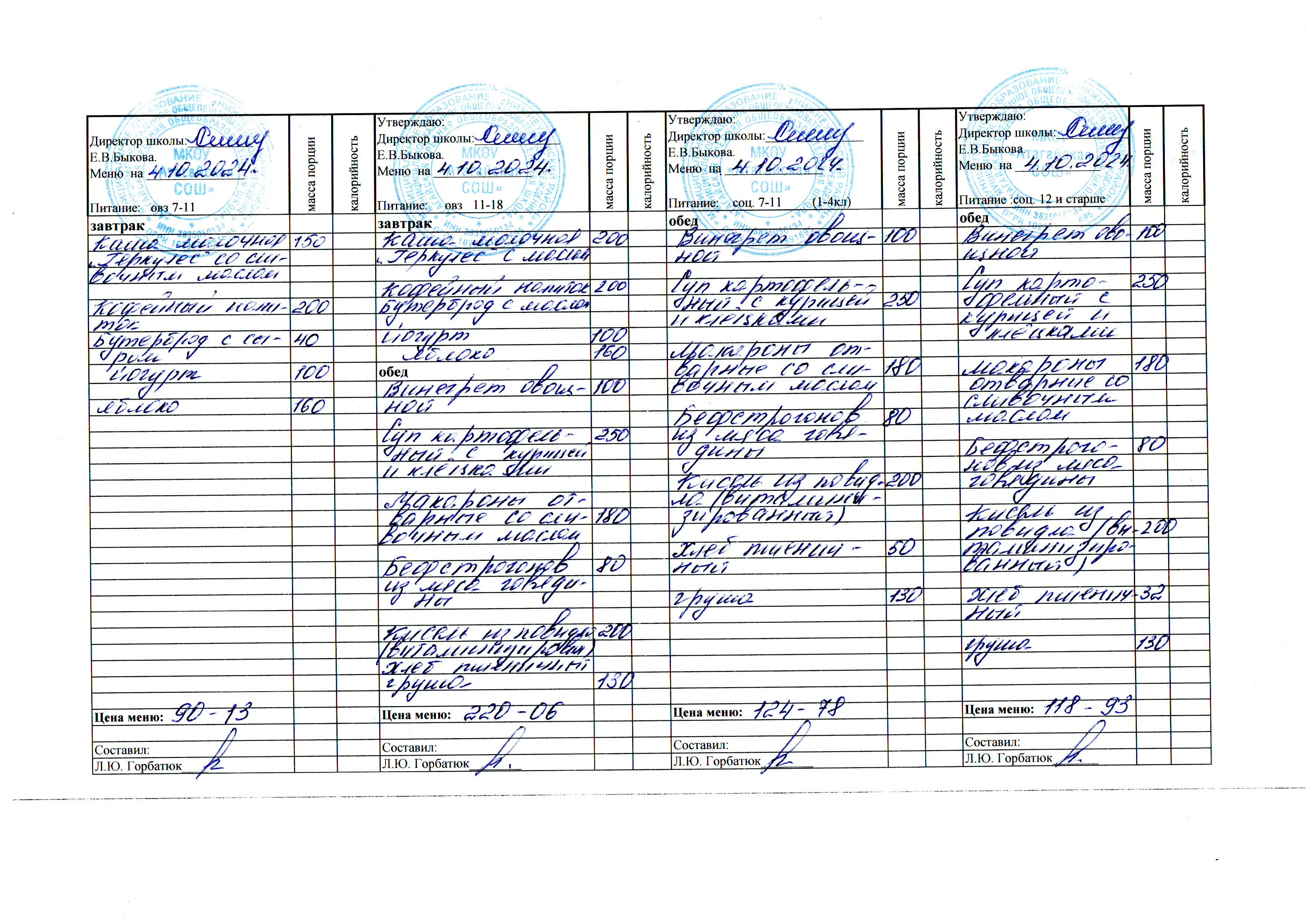 Меню и фото блюд.